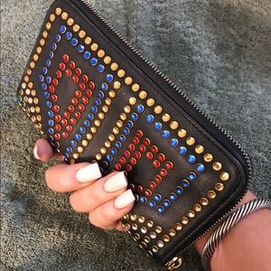 Miu Miu Black Wallet with Gold, Red, and Blue Studs